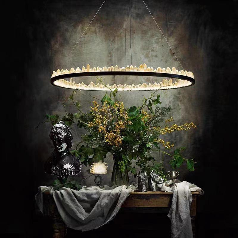 Modern Style Rings Brass & Natural Quartz Crystal Chandelier in Brass/Black Finish
