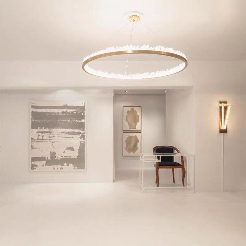 Modern Style Rings Brass & Natural Quartz Crystal Chandelier in Brass/Black Finish