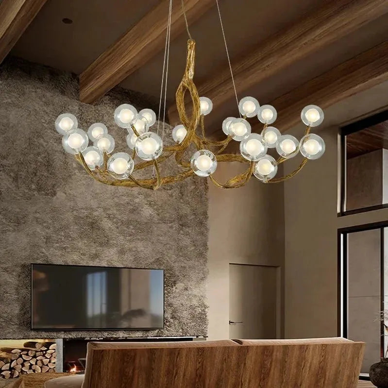 Rustic Farmhouse Branch Chandelier with Glass Orbs