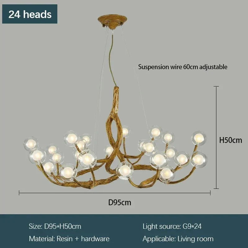 Rustic Farmhouse Branch Chandelier with Glass Orbs
