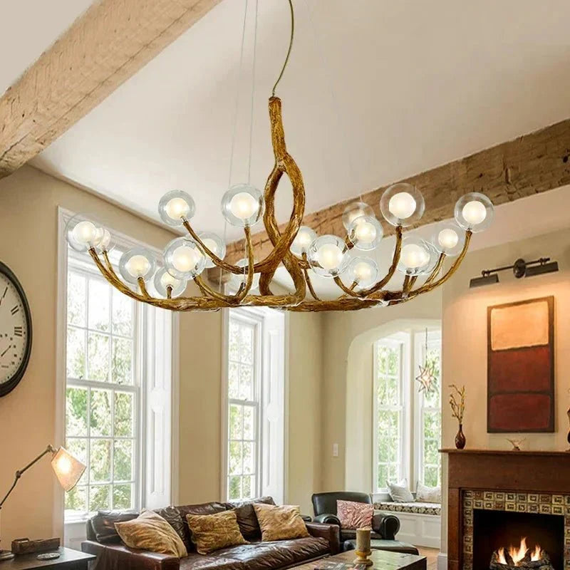 Rustic Farmhouse Branch Chandelier with Glass Orbs