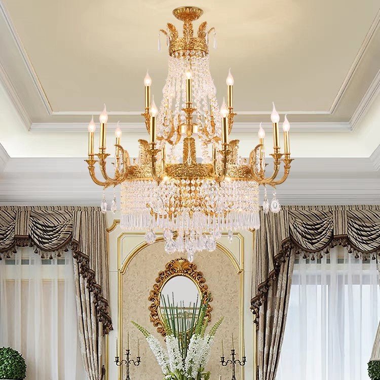 Stunning Oversized Luxury Golden Metal Candle Crystal Tassel Chandelier