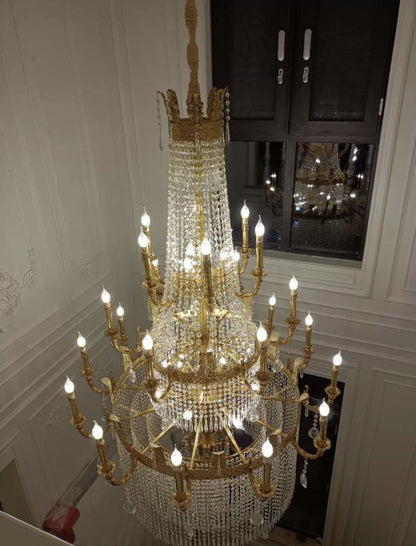 Stunning Oversized Luxury Golden Metal Candle Crystal Tassel Chandelier