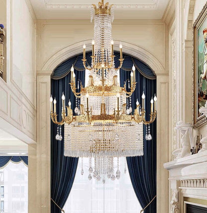 Stunning Oversized Luxury Golden Metal Candle Crystal Tassel Chandelier
