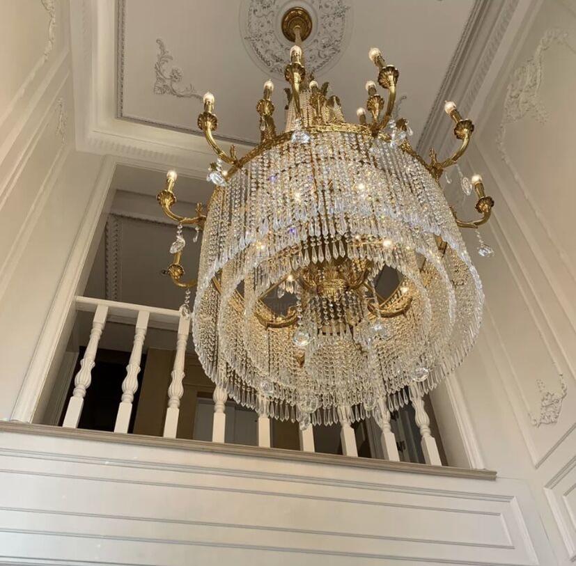 Stunning Oversized Luxury Golden Metal Candle Crystal Tassel Chandelier