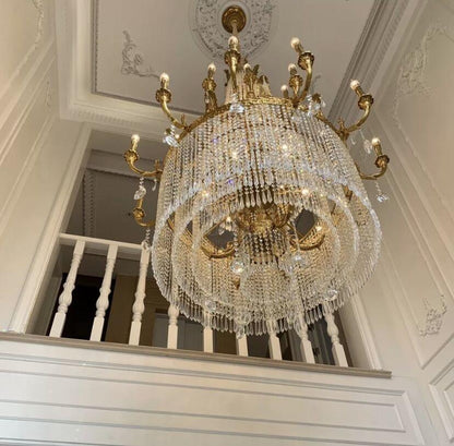 Stunning Oversized Luxury Golden Metal Candle Crystal Tassel Chandelier