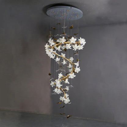 Ceramic Flower Chandelier in Artistic Brass Branch Design